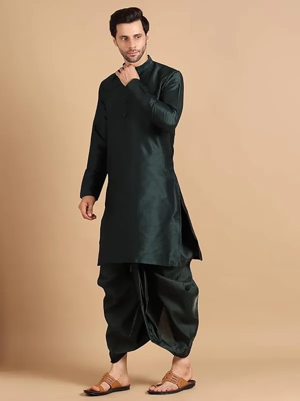 Bottle_Green_Dupion_Silk_Readymade_Dhoti_Kurta_Set_For_Men