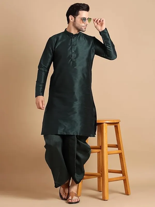 Bottle_Green_Dupion_Silk_Readymade_Dhoti_Kurta_Set_For_Men