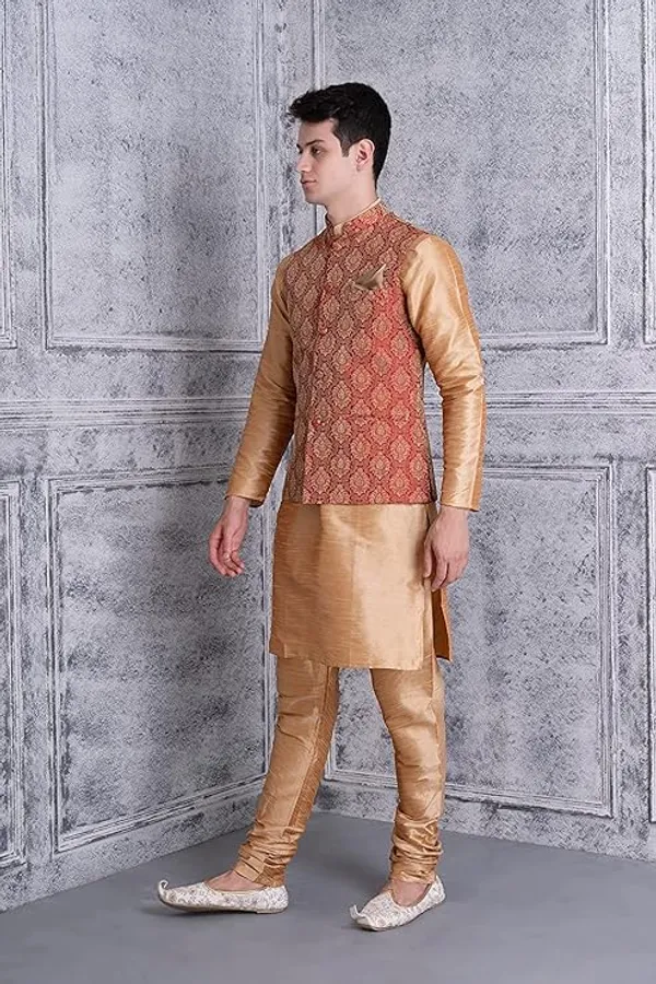 Khaki_&_Maroon_Silk_Blend_Kurta_Pajama_With_Designer_Ethnic_Nehru_Jacket_For_Men