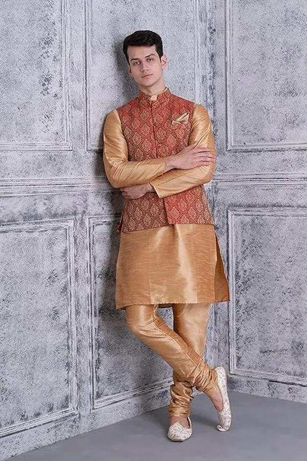 Khaki_&_Maroon_Silk_Blend_Kurta_Pajama_With_Designer_Ethnic_Nehru_Jacket_For_Men