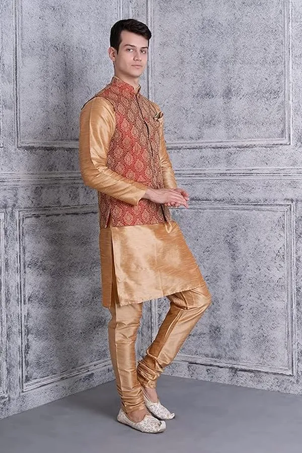 Khaki_&_Maroon_Silk_Blend_Kurta_Pajama_With_Designer_Ethnic_Nehru_Jacket_For_Men