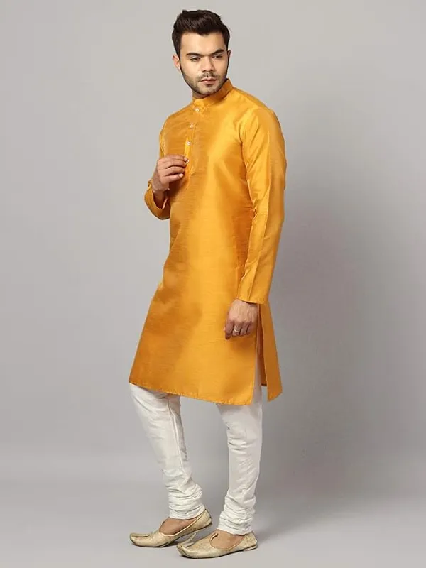 Mustard_&_White_Banarasi_Dupion_Silk_Solid_Kurta_Churidar_Pyjama_Set_For_Men