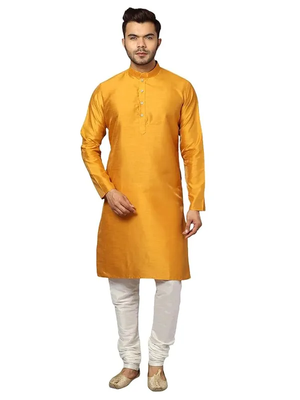 Mustard_&_White_Banarasi_Dupion_Silk_Solid_Kurta_Churidar_Pyjama_Set_For_Men