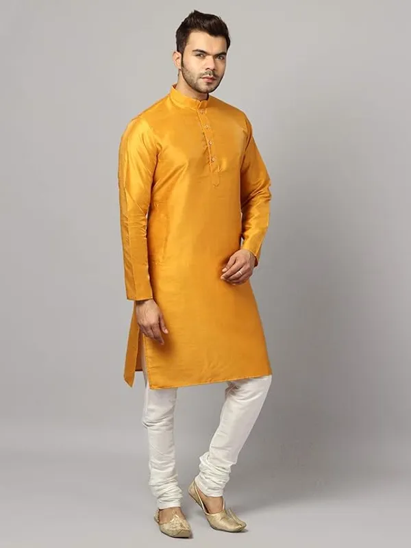 Mustard_&_White_Banarasi_Dupion_Silk_Solid_Kurta_Churidar_Pyjama_Set_For_Men