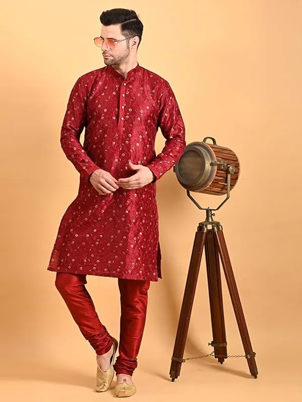 Maroon_Embroidery_Silk_Kurta_Pyjama_Set_For_Men