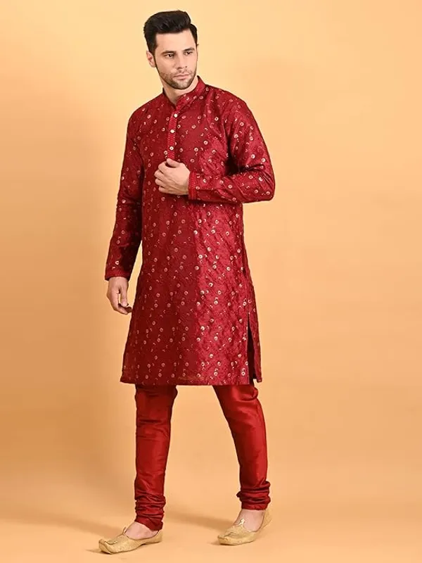 Maroon_Embroidery_Silk_Kurta_Pyjama_Set_For_Men