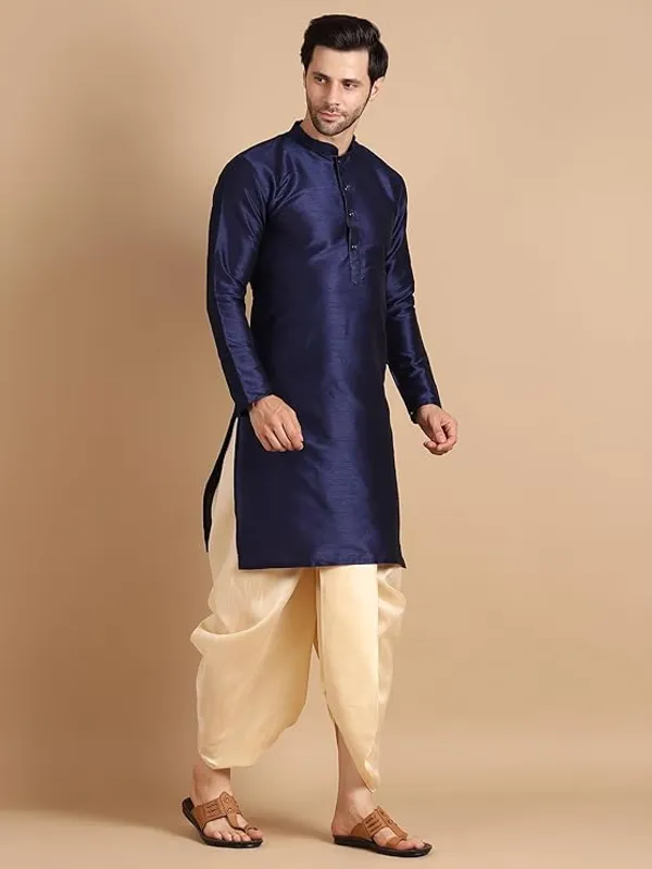 Golden_&_Blue_Dupion_Silk_Readymade_Dhoti_Kurta_Set_For_Men