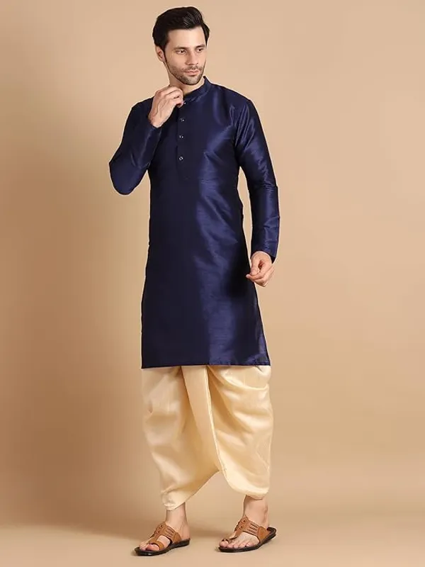 Golden_&_Blue_Dupion_Silk_Readymade_Dhoti_Kurta_Set_For_Men