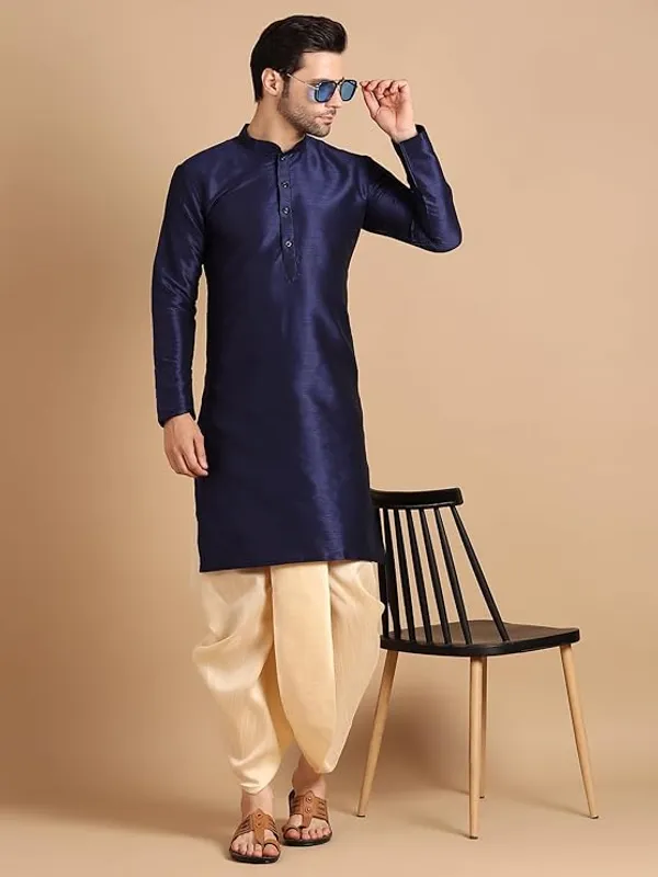 Golden_&_Blue_Dupion_Silk_Readymade_Dhoti_Kurta_Set_For_Men