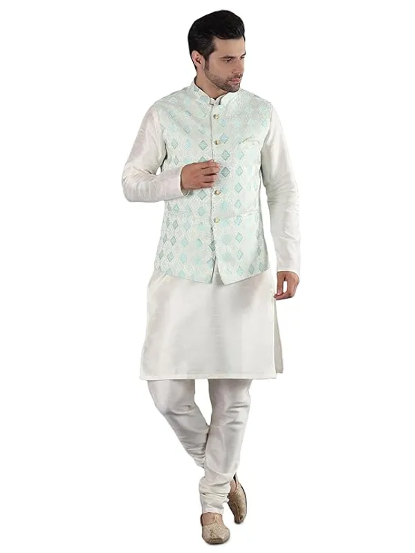 Cream_&_Sky_Blue_Silk_Blend_Kurta_Pajama_With_Designer_Ethnic_Nehru_Jacket_For_Men