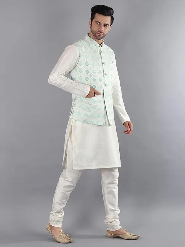 Cream_&_Sky_Blue_Silk_Blend_Kurta_Pajama_With_Designer_Ethnic_Nehru_Jacket_For_Men