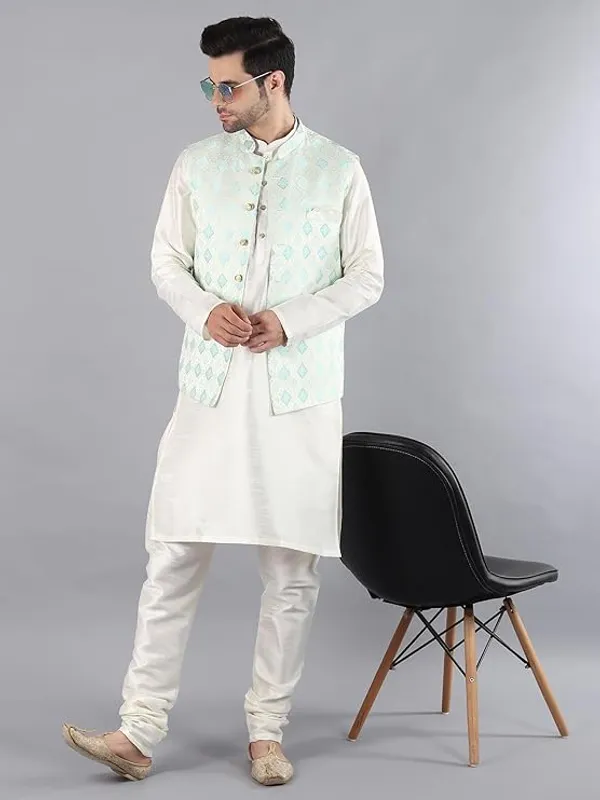 Cream_&_Sky_Blue_Silk_Blend_Kurta_Pajama_With_Designer_Ethnic_Nehru_Jacket_For_Men