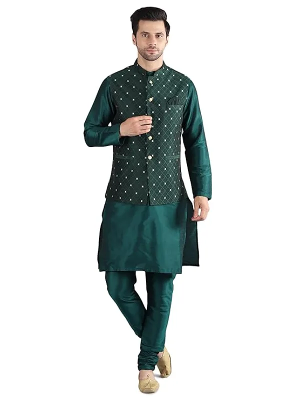 Green_Silk_Blend_Kurta_Pajama_With_Designer_Ethnic_Nehru_Jacket_For_Men