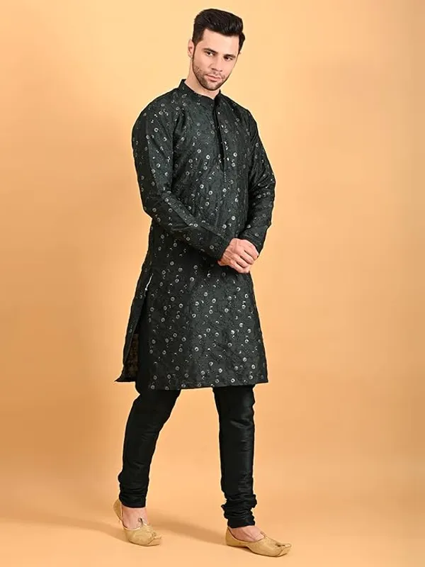 Bottle_Green_Embroidery_Silk_Kurta_Pyjama_Set_For_Men
