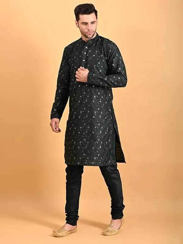 Bottle_Green_Embroidery_Silk_Kurta_Pyjama_Set_For_Men
