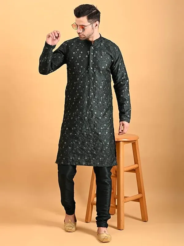 Bottle_Green_Embroidery_Silk_Kurta_Pyjama_Set_For_Men