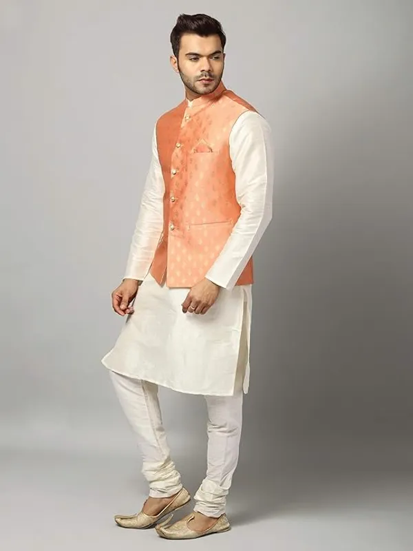 Off_White_&_Peach_Silk_Blend_Kurta_Pajama_With_Designer_Ethnic_Nehru_Jacket_For_Men