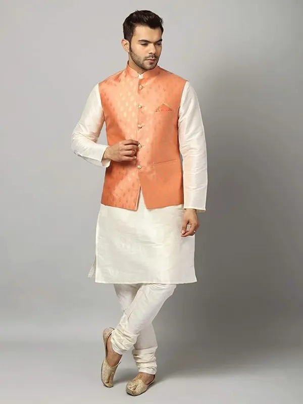 Off_White_&_Peach_Silk_Blend_Kurta_Pajama_With_Designer_Ethnic_Nehru_Jacket_For_Men