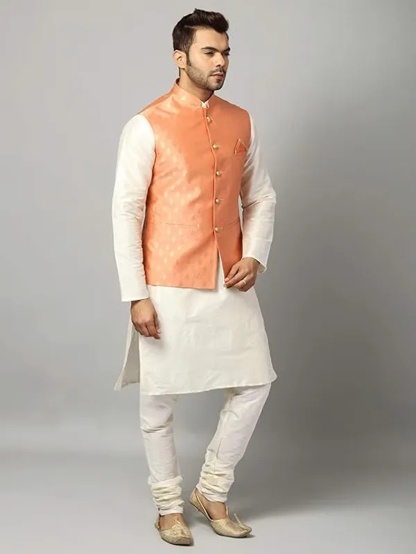 Off_White_&_Peach_Silk_Blend_Kurta_Pajama_With_Designer_Ethnic_Nehru_Jacket_For_Men