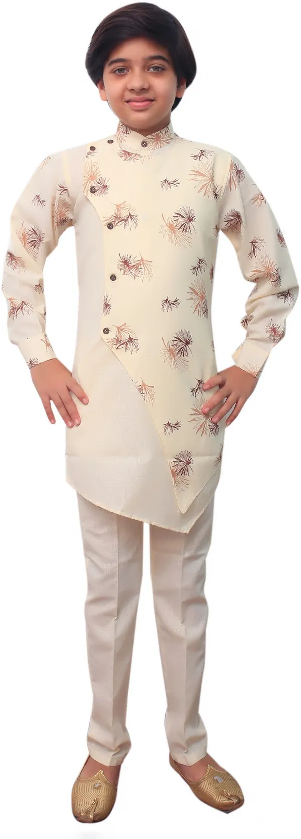 Beige_Cotton_Blend_Floral_Print_Full_Sleeve_Mandarin_Collar_Kurta_And_Pyjama_Set_For_Boys