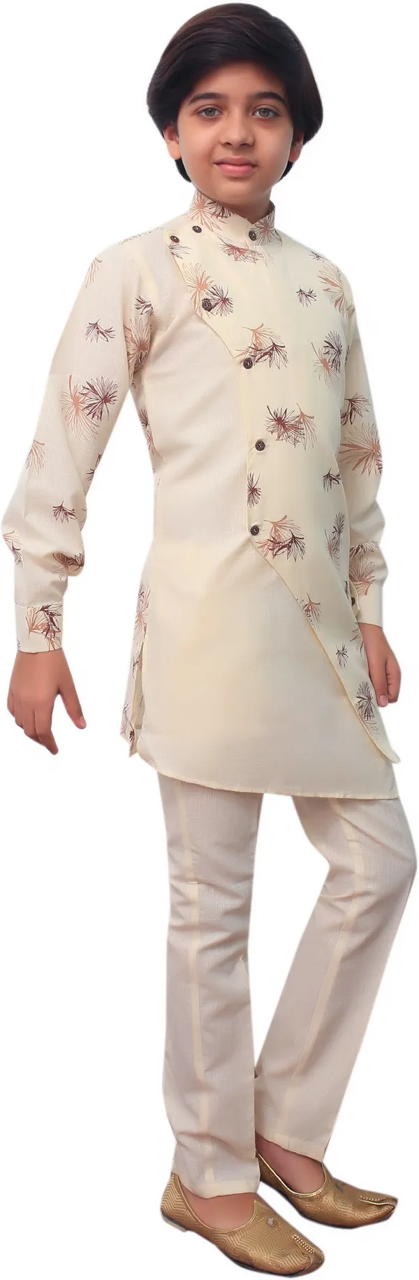 Beige_Cotton_Blend_Floral_Print_Full_Sleeve_Mandarin_Collar_Kurta_And_Pyjama_Set_For_Boys