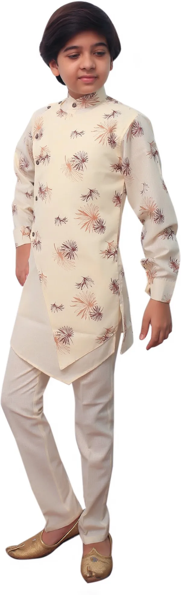Beige_Cotton_Blend_Floral_Print_Full_Sleeve_Mandarin_Collar_Kurta_And_Pyjama_Set_For_Boys
