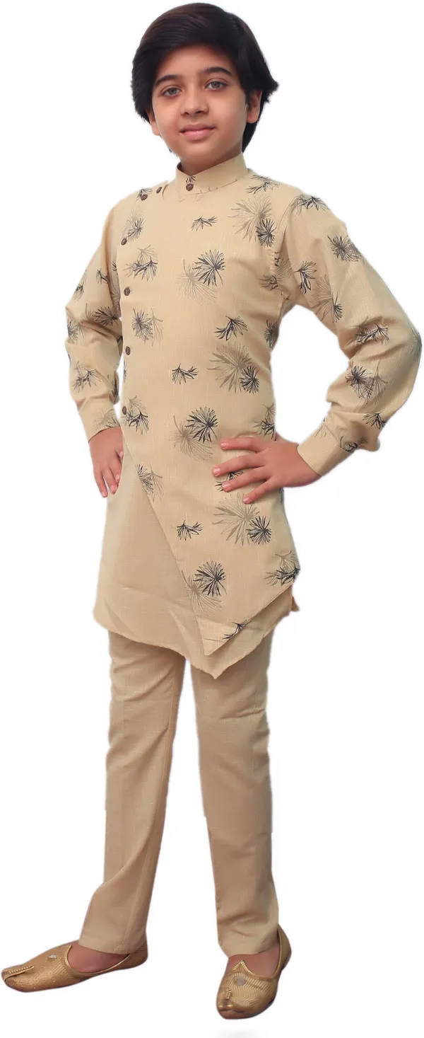 Brown_Cotton_Blend_Floral_Print_Full_Sleeve_Mandarin_Collar_Kurta_And_Pyjama_Set_For_Boys