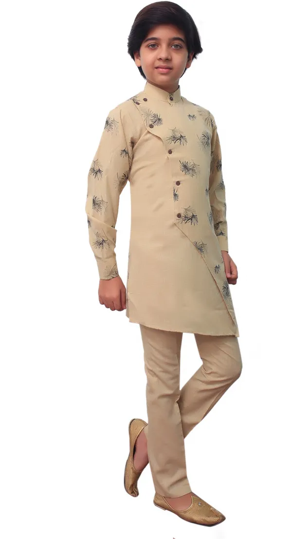 Brown_Cotton_Blend_Floral_Print_Full_Sleeve_Mandarin_Collar_Kurta_And_Pyjama_Set_For_Boys