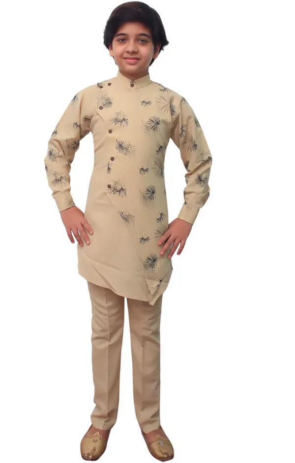 Brown_Cotton_Blend_Floral_Print_Full_Sleeve_Mandarin_Collar_Kurta_And_Pyjama_Set_For_Boys