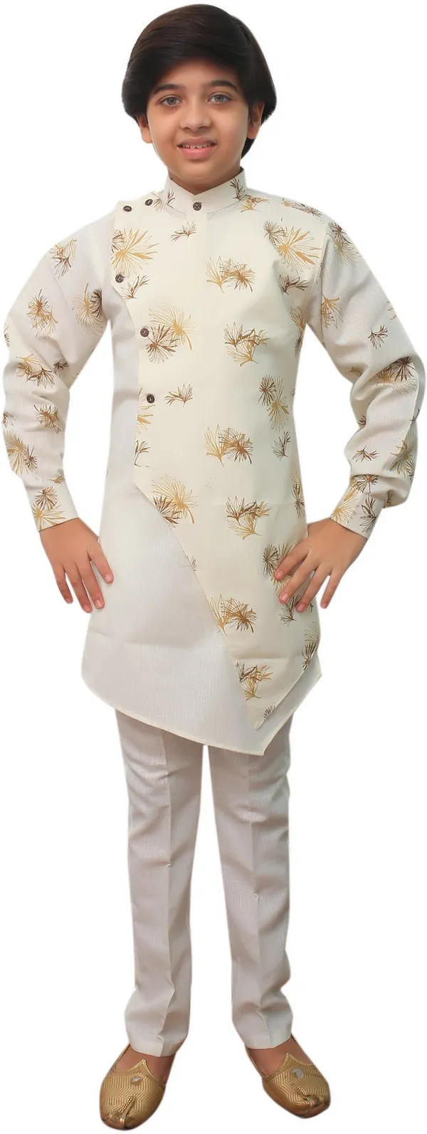 White_Cotton_Blend_Floral_Print_Full_Sleeve_Mandarin_Collar_Kurta_And_Pyjama_Set_For_Boys