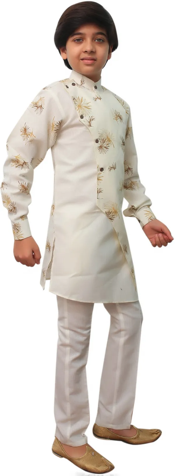 White_Cotton_Blend_Floral_Print_Full_Sleeve_Mandarin_Collar_Kurta_And_Pyjama_Set_For_Boys