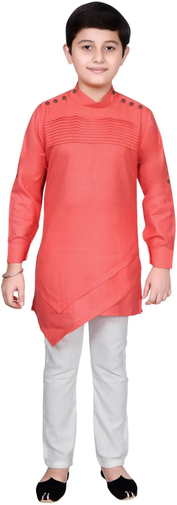 Pink_Cotton_Blend_Solid_Full_Sleeve_Mandarin_Collar_Kurta_And_Pyjama_Set_For_Baby_Boys