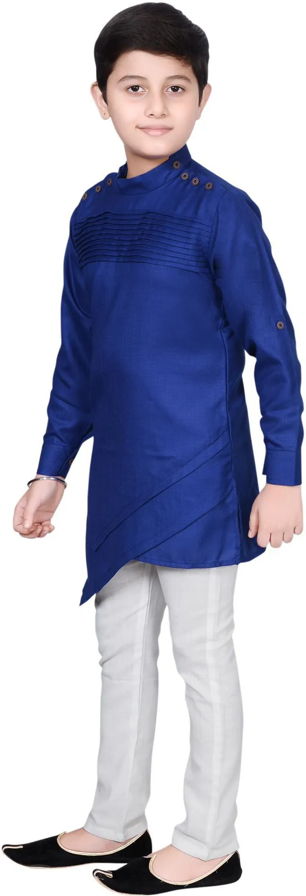 Dark_Blue_Cotton_Blend_Solid_Full_Sleeve_Mandarin_Collar_Kurta_And_Pyjama_Set_For_Baby_Boys