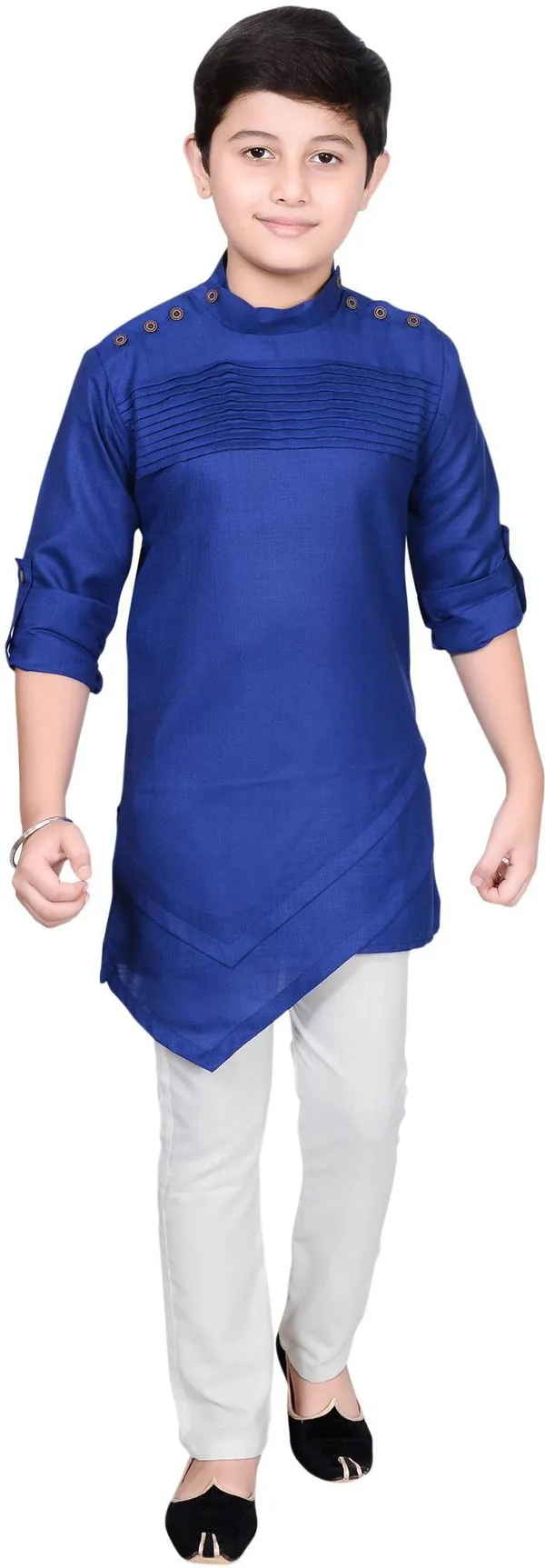 Dark_Blue_Cotton_Blend_Solid_Full_Sleeve_Mandarin_Collar_Kurta_And_Pyjama_Set_For_Baby_Boys
