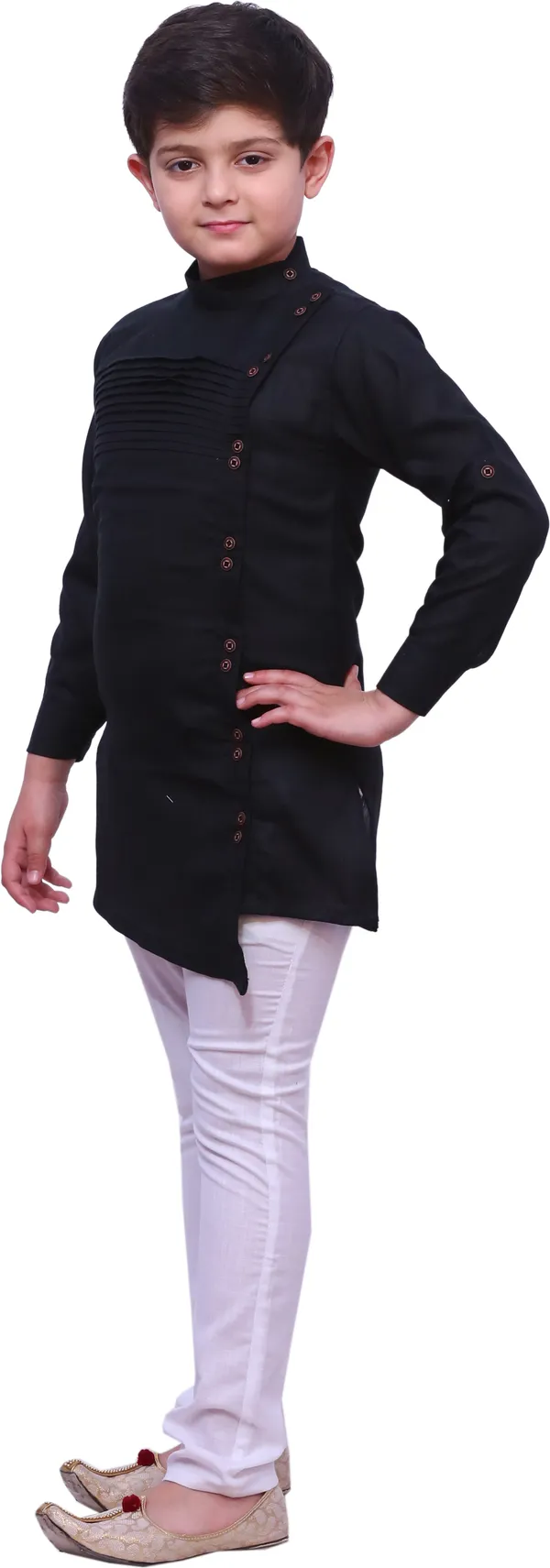 Black_Cotton_Blend_Solid_Full_Sleeve_Mandarin_Collar_Kurta_And_Pyjama_Set_For_Boys
