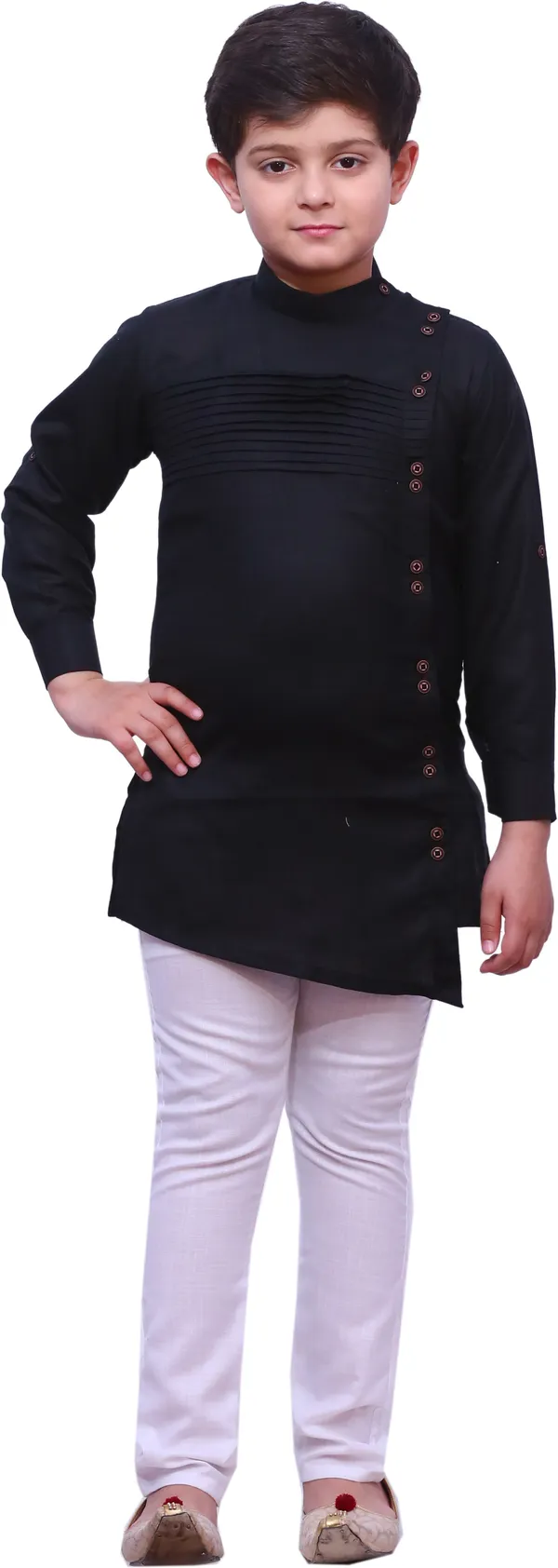 Black_Cotton_Blend_Solid_Full_Sleeve_Mandarin_Collar_Kurta_And_Pyjama_Set_For_Boys