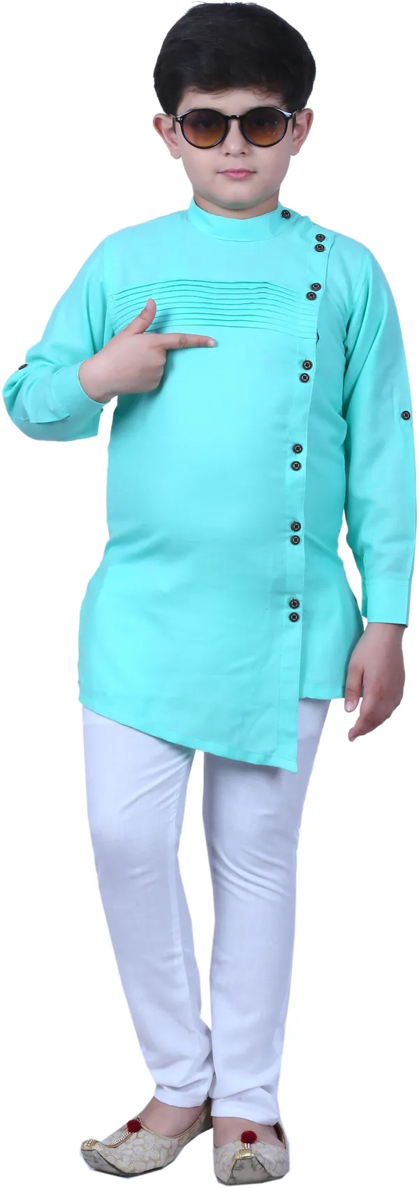 Green_Cotton_Blend_Self_Design_Full_Sleeve_Mandarin_Collar_Kurta_And_Pyjama_Set_For_Boys