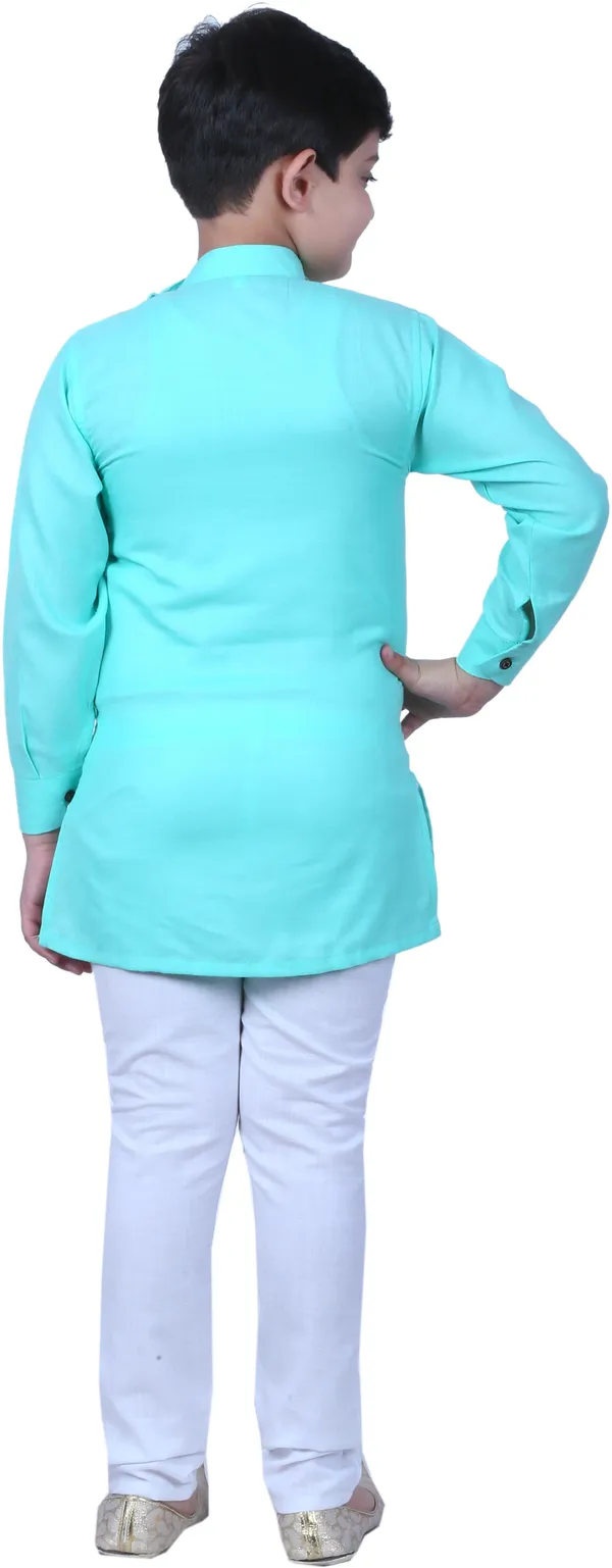 Green_Cotton_Blend_Self_Design_Full_Sleeve_Mandarin_Collar_Kurta_And_Pyjama_Set_For_Boys