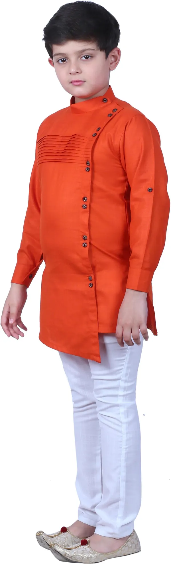 Orange_Cotton_Blend_Self_Design_Full_Sleeve_Mandarin_Collar_Kurta_And_Pyjama_Set_For_Boys