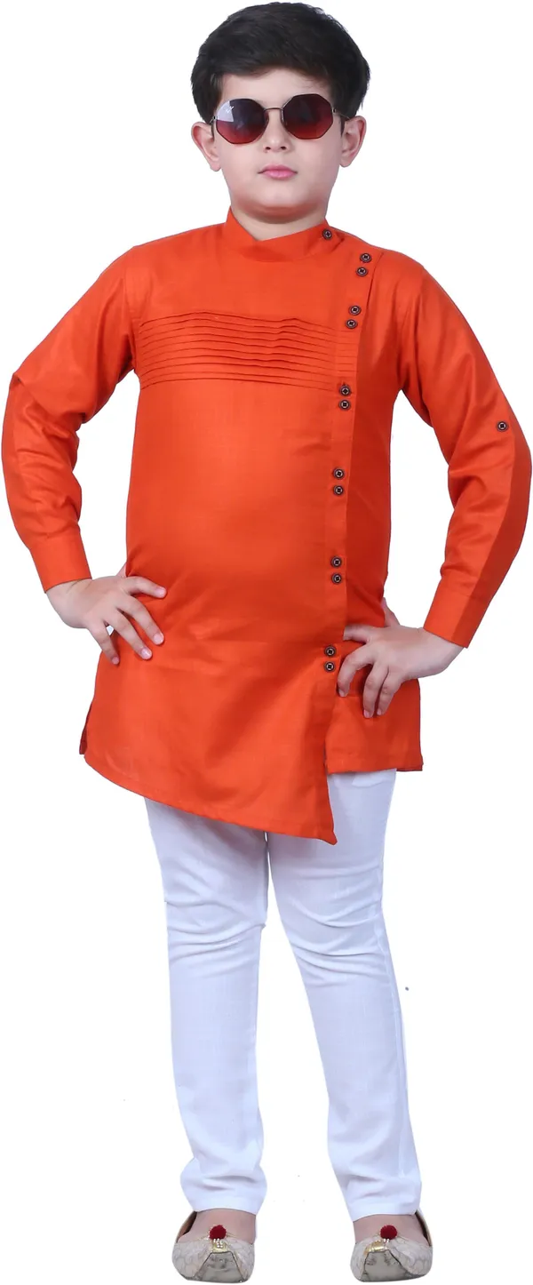 Orange_Cotton_Blend_Self_Design_Full_Sleeve_Mandarin_Collar_Kurta_And_Pyjama_Set_For_Boys
