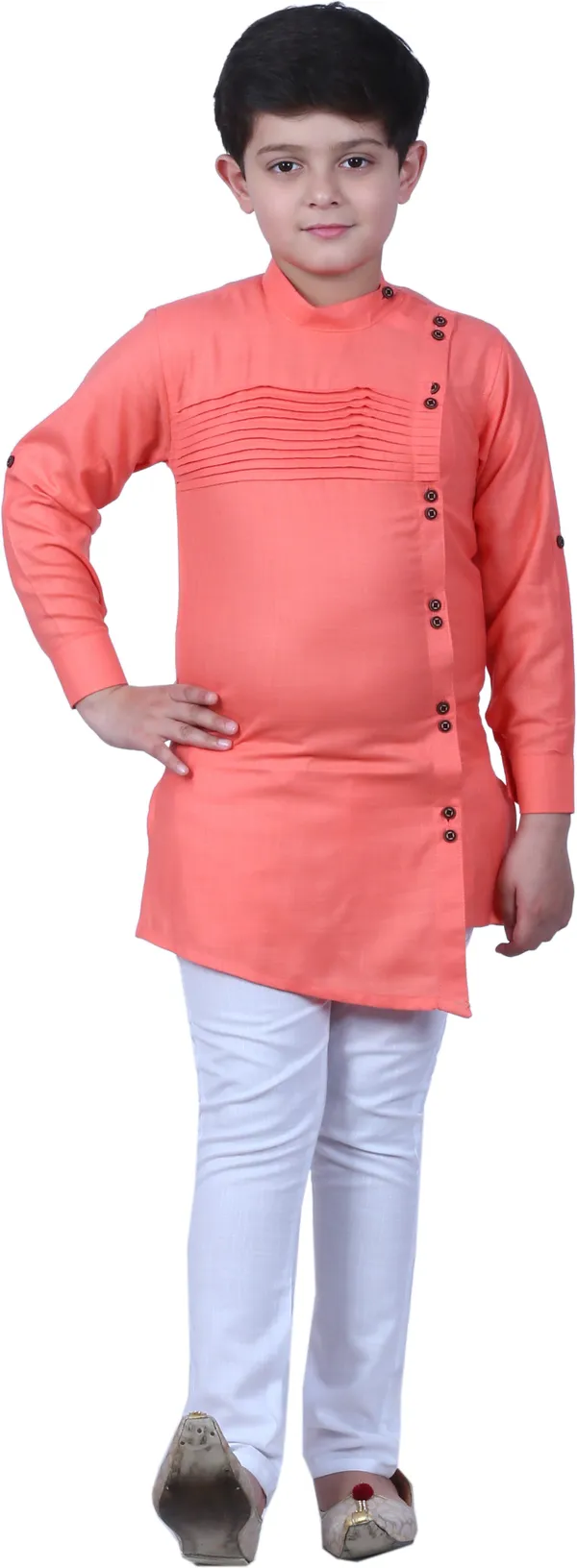 Pink_Cotton_Blend_Solid_Full_Sleeve_Mandarin_Collar_Kurta_And_Pyjama_Set_For_Boys