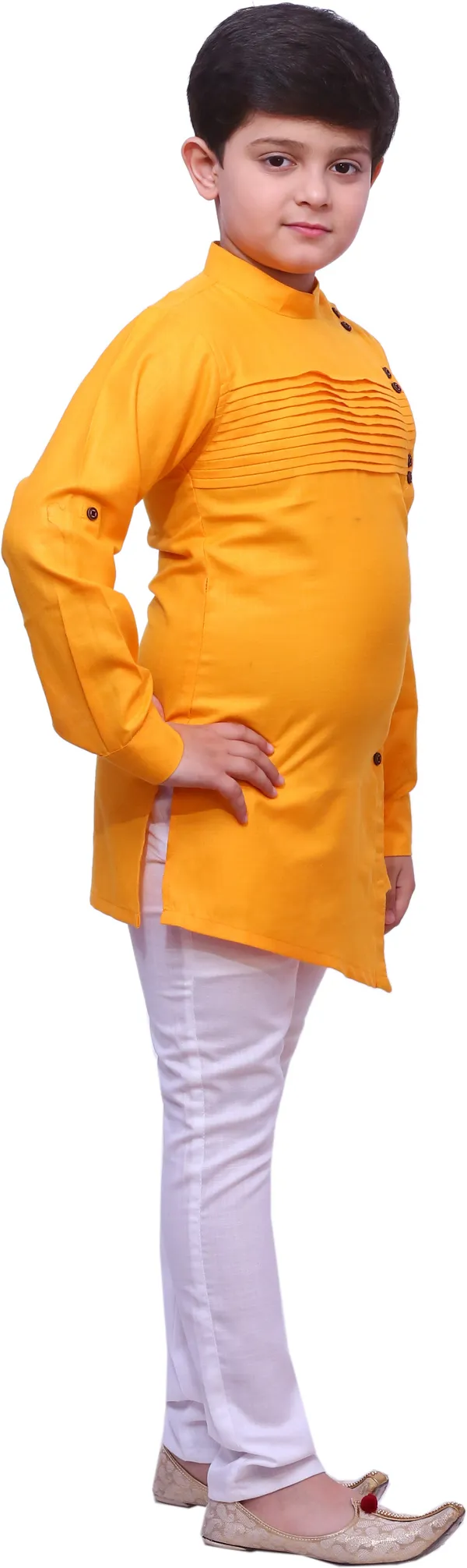 Yellow_Cotton_Blend_Solid_Full_Sleeve_Mandarin_Collar_Kurta_And_Pyjama_Set_For_Boys