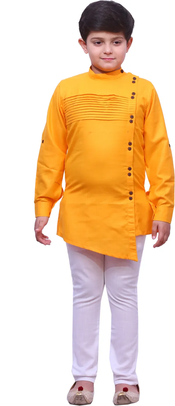 Yellow_Cotton_Blend_Solid_Full_Sleeve_Mandarin_Collar_Kurta_And_Pyjama_Set_For_Boys