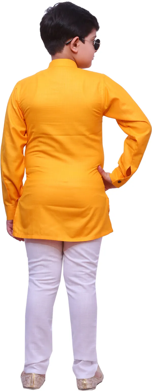 Yellow_Cotton_Blend_Solid_Full_Sleeve_Mandarin_Collar_Kurta_And_Pyjama_Set_For_Boys