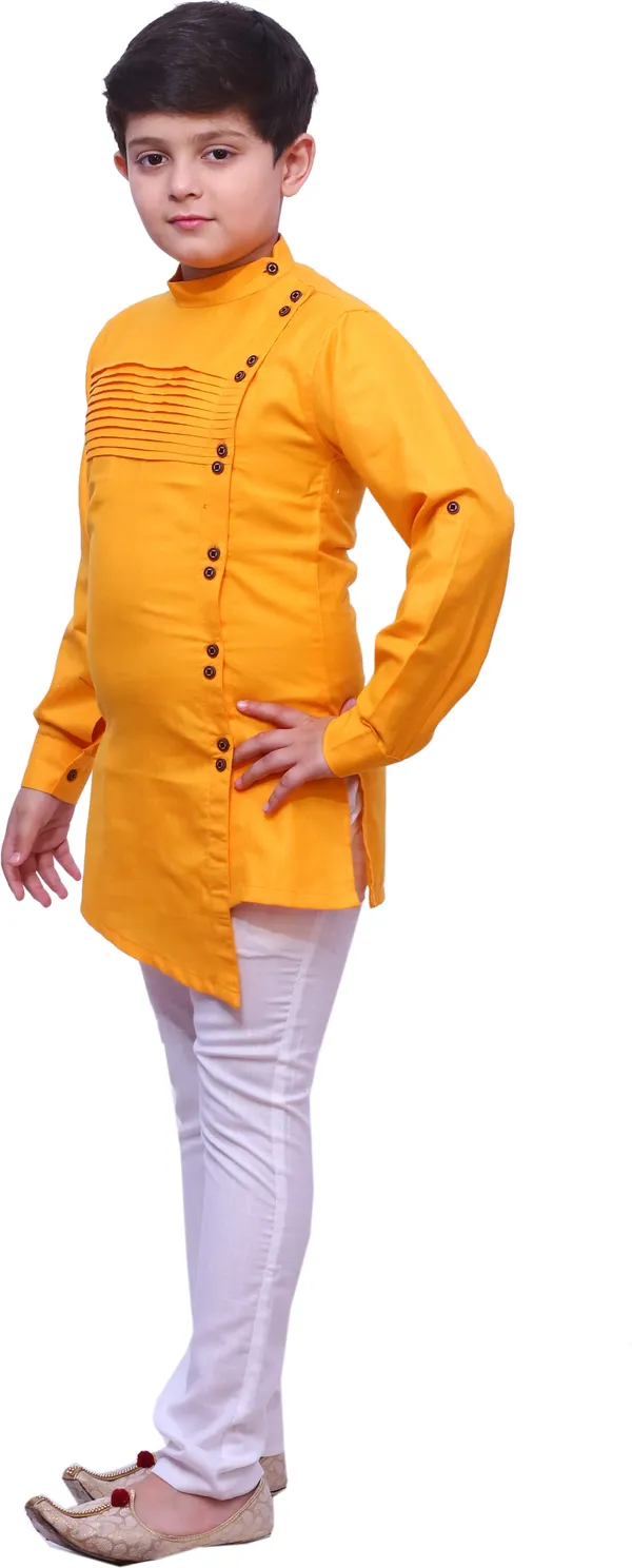Yellow_Cotton_Blend_Solid_Full_Sleeve_Mandarin_Collar_Kurta_And_Pyjama_Set_For_Boys