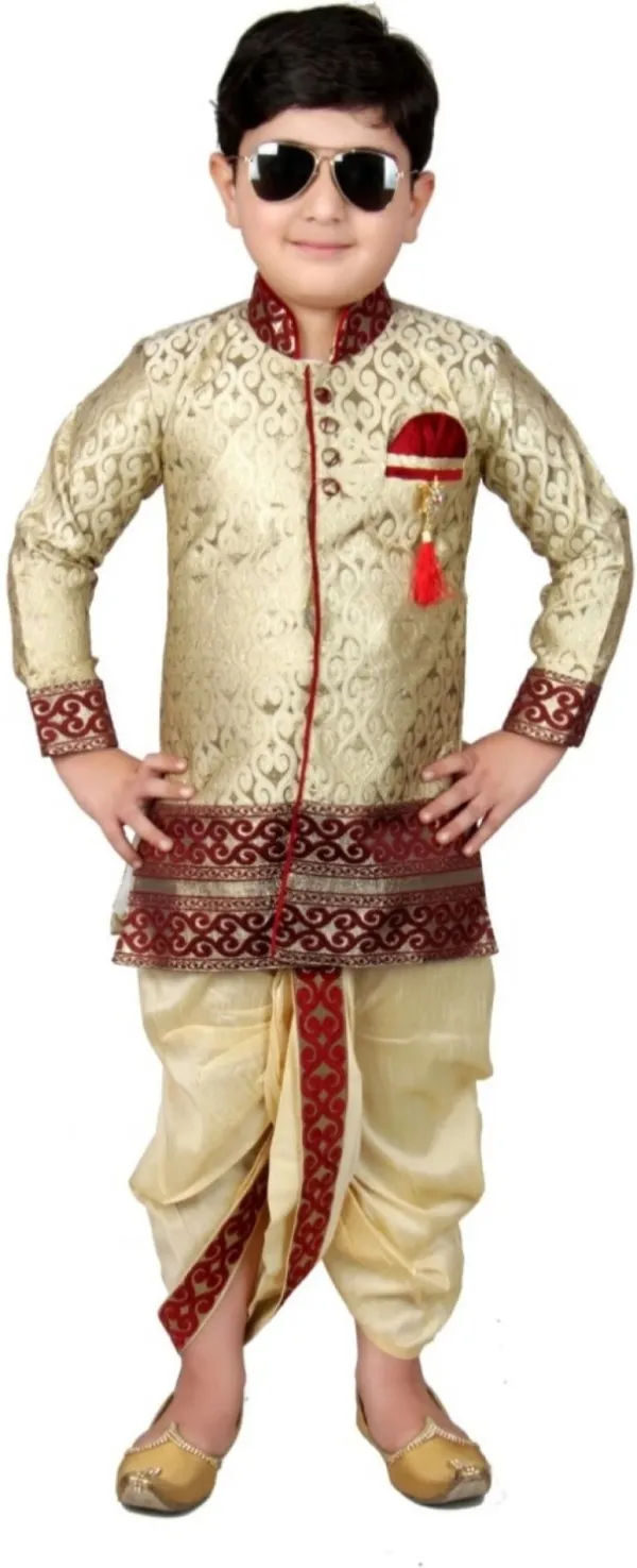 Mandarin_Collar_Cotton_Blend_Self_Design_Sherwani_Set_For_Boys