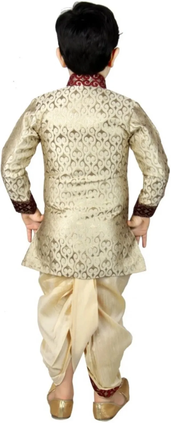 Mandarin_Collar_Cotton_Blend_Self_Design_Sherwani_Set_For_Boys