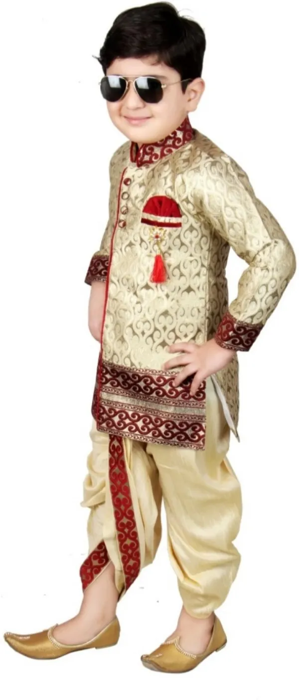 Mandarin_Collar_Cotton_Blend_Self_Design_Sherwani_Set_For_Boys