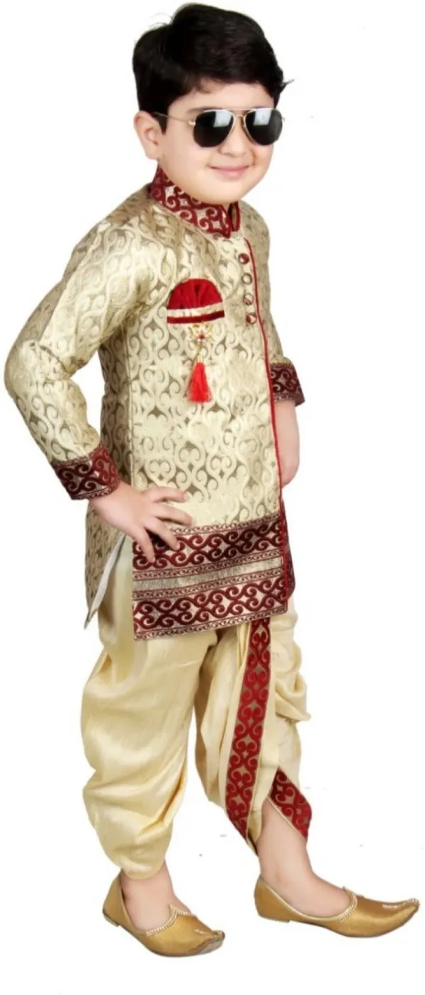 Mandarin_Collar_Cotton_Blend_Self_Design_Sherwani_Set_For_Boys