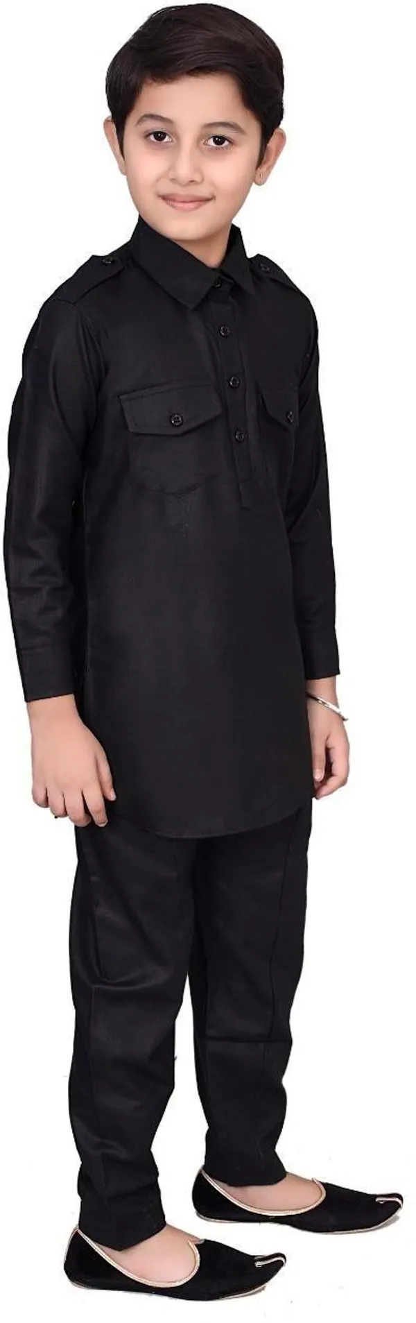 Black_Cotton_Blend_Solid_Full_Sleeve_Collared_Neck_Kurta_And_Pyjama_Set_For_Boys